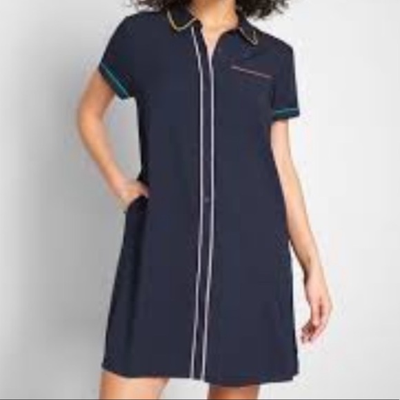 Modcloth Dresses & Skirts - MODCLOTH NAVY SHIRT DRESS COLORFUL PIPING L